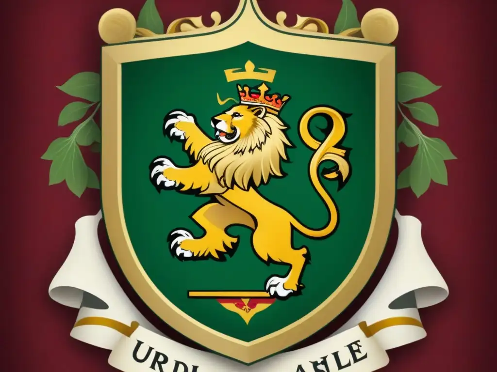 Escudo medieval detallado del apellido Urdiales, con símbolos de ancestros y un león majestuoso