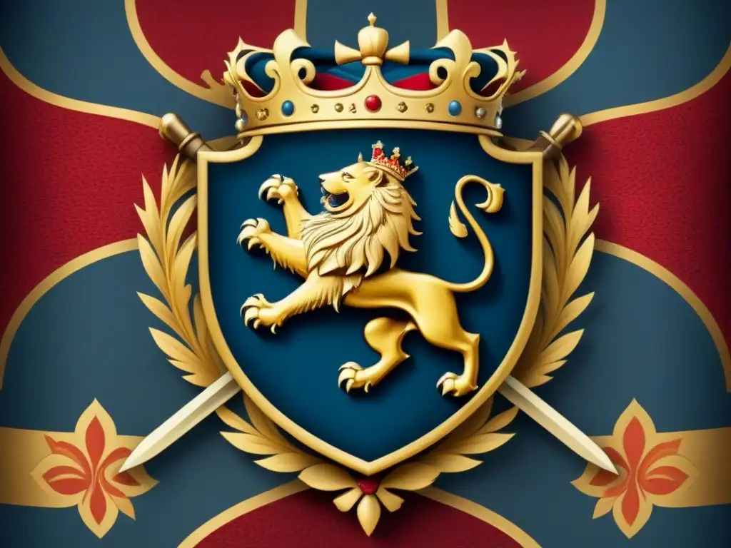 Escudo medieval con león y espadas en tonos ricos y vibrantes Un escudo medieval detallado con león rampante, espadas cruzadas y corona real en tonos azules, rojos y dorados