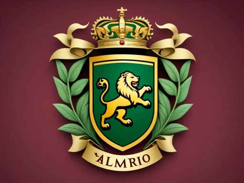 Un escudo medieval detallado con el significado del apellido Aguayo, con león y espada en tonos burgundy, oro y verde