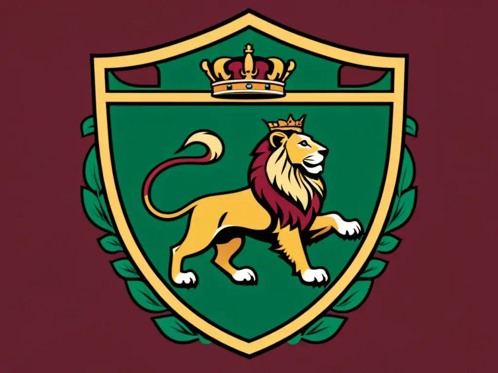 Un escudo medieval de Los Pacheco con leones y follaje, en colores ricos de burgundy, oro y verde, evocando la historia del apellido Pacheco