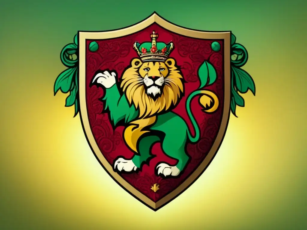 Escudo nobiliario medieval con la letra 'B', leones, corona y patrones en oro y verde