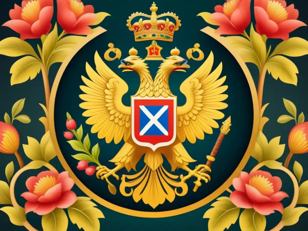 Un escudo nobiliario ruso detallado con un águila bicéfala majestuosa, rodeado de motivos florales y ornamentos regios