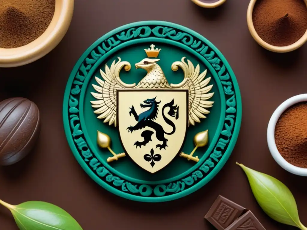 Escudo de la noble familia Ibarra con diseño intrincado, símbolos de cacao y jeroglíficos mesoamericanos