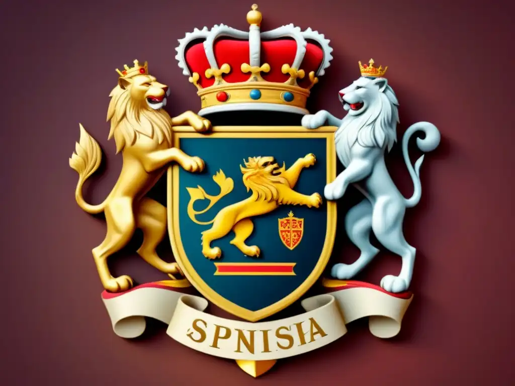 Escudo noble de familia española con detalles intrincados y símbolos tradicionales en colores ricos, evocando historia y aristocracia