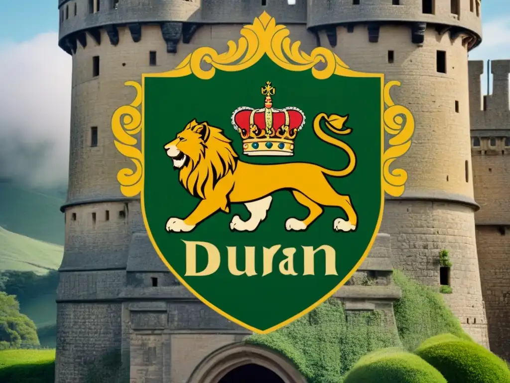 Escudo noble de la familia Duran, con leones, espadas y corona, en un castillo antiguo rodeado de naturaleza