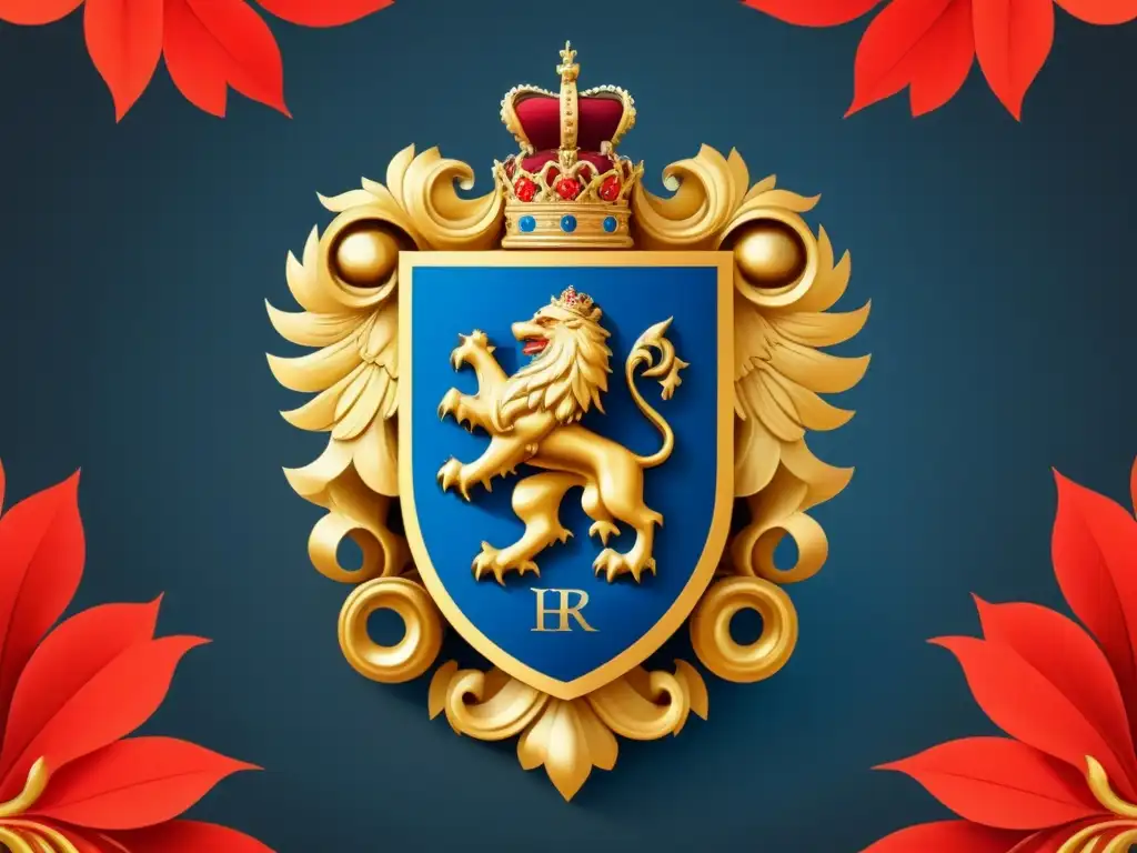 Un escudo noble renacentista detallado, con leones, águilas y motivos florales lujosos en oro, azul y rojo