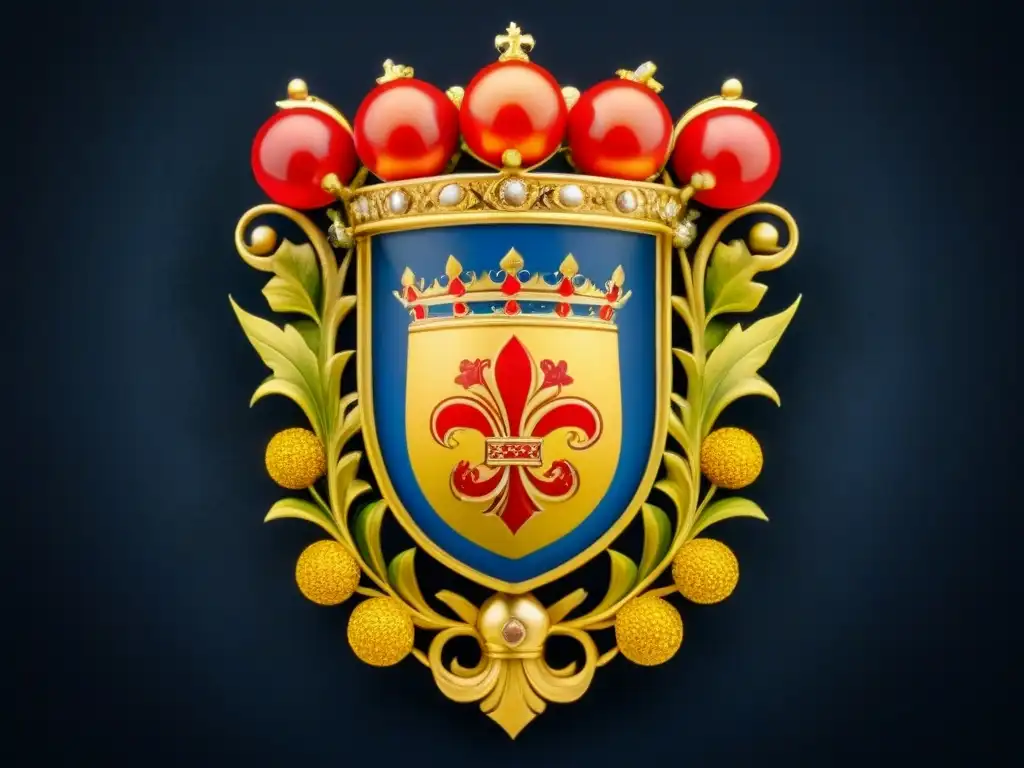 Un escudo vintage detallado de la familia Medici en un elegante fondo de terciopelo oscuro, exudando historia y elegancia