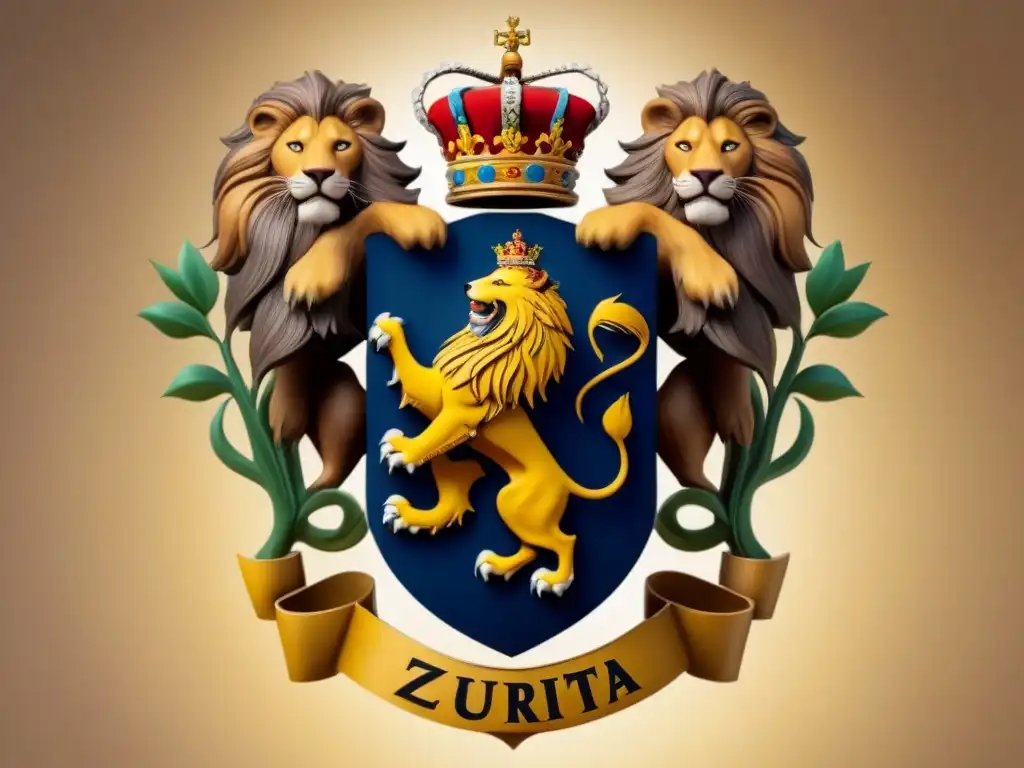 Escudo vintage familiar 'Zurita' con león, roble y corona, y motivos españoles, sobre pergamino envejecido