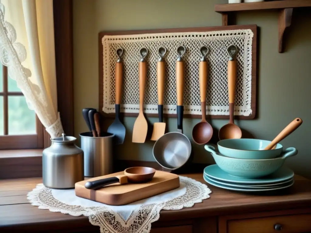 Escudos familiares decoran utensilios de cocina personalizados en escena vintage