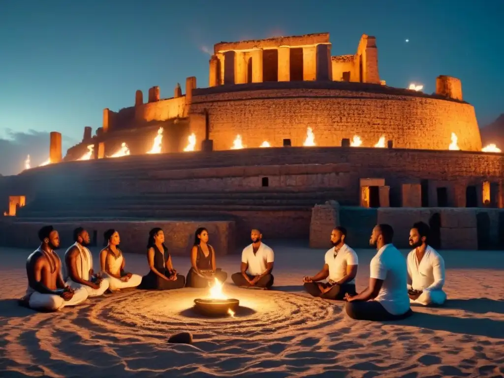 Celebración espiritual de apellidos con M en ruinas antiguas bajo un cielo estrellado