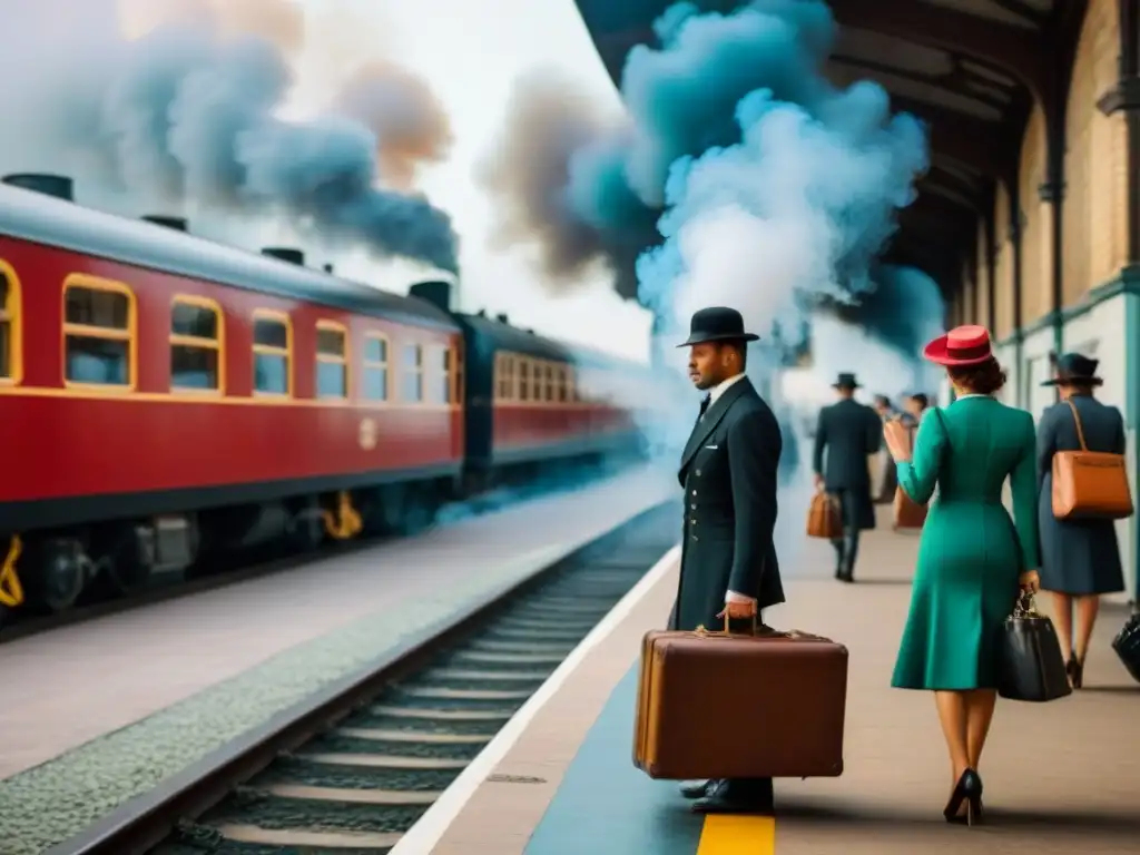 Una estación de tren vintage bulliciosa con personas despidiéndose emocionadas, equipaje antiguo y un tren de vapor al fondo