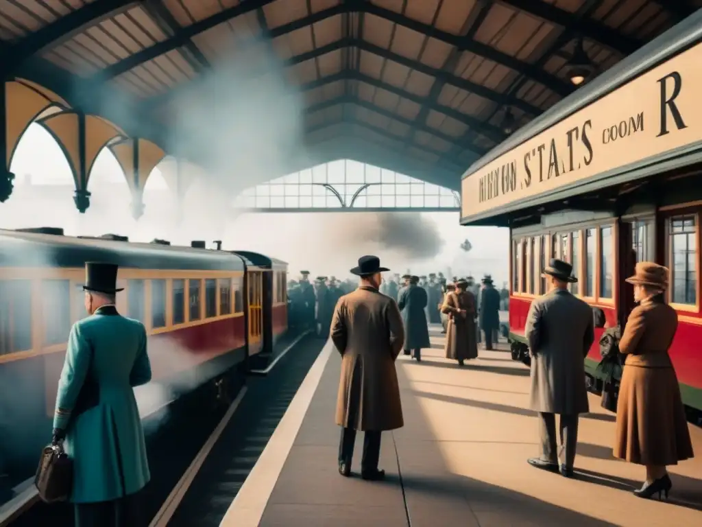 Una estación de tren bulliciosa de principios de 1900, con gente vestida de la época y un ambiente de conexión