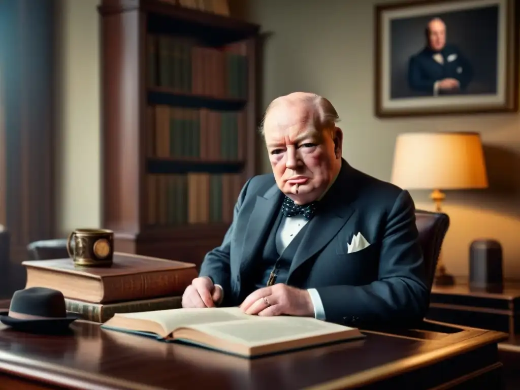 Sir Winston Churchill en su estudio, rodeado de libros y papeles, inmerso en su trabajo