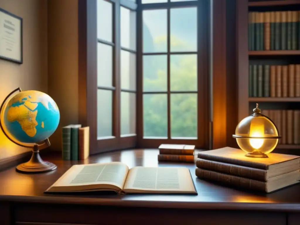 Estudio vintage con libros de genealogía, globo terráqueo, pluma y árbol genealógico desplegado