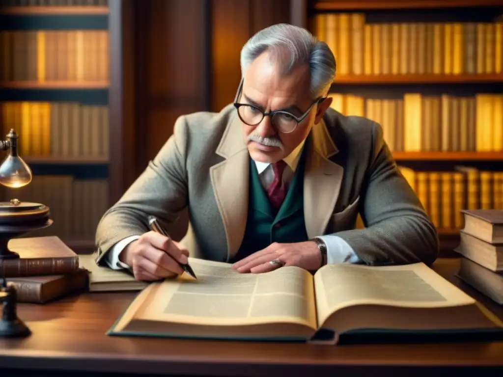 Un experto consultor de genealogía examina detalladamente una compleja cadena de ADN en su estudio antiguo, rodeado de libros y mapas