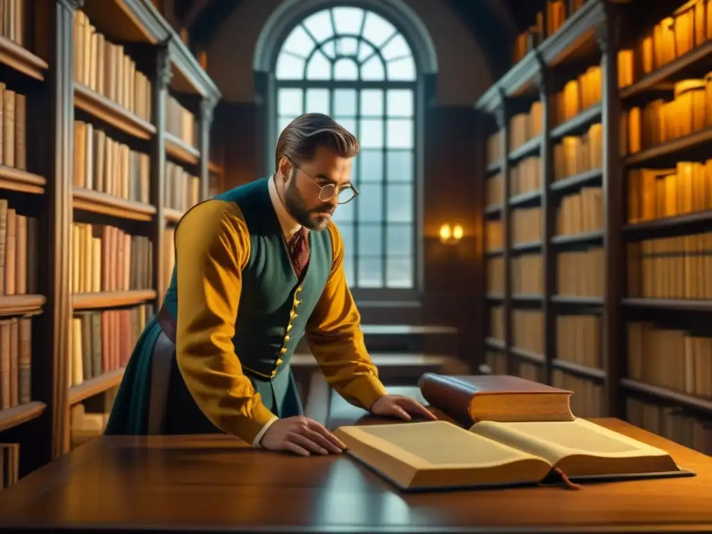 Un experto en genealogía de apellidos analiza minuciosamente antiguos registros familiares en una biblioteca tenue