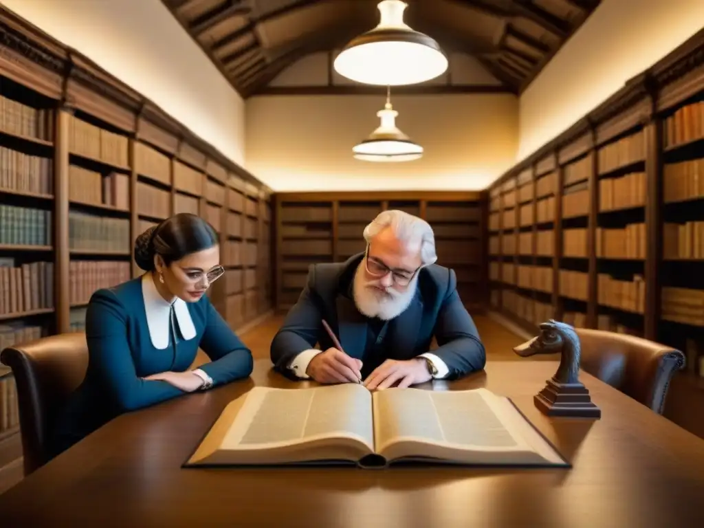 Expertos en historia del apellido, genealogía y tradición, estudian árboles genealógicos en biblioteca antigua iluminada