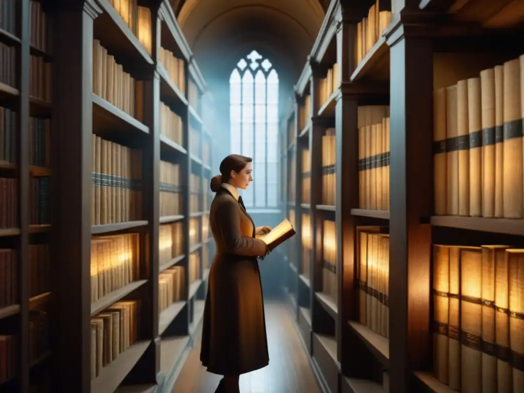 Exploración de archivos históricos genealógicos en una biblioteca vintage iluminada por la luz solar a través de vitrales, mostrando antiguos pergaminos y estanterías polvorientas