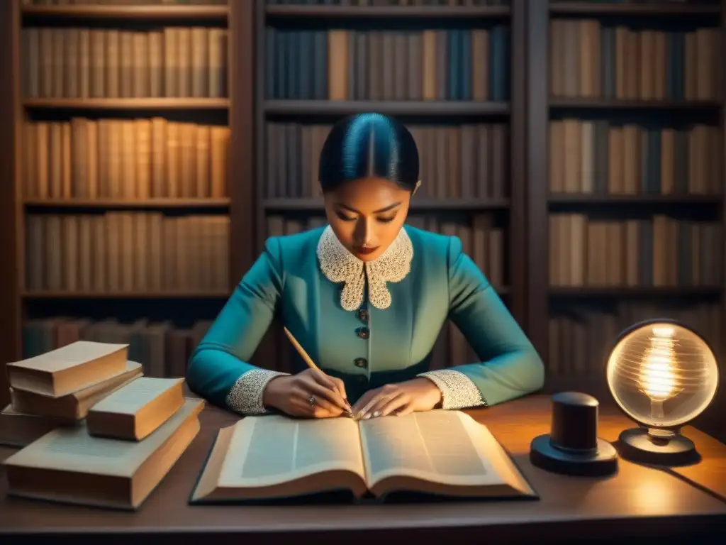 Exploración detallada de la genealogía en un estudio acogedor y tenue, rodeado de libros antiguos y una lupa vintage