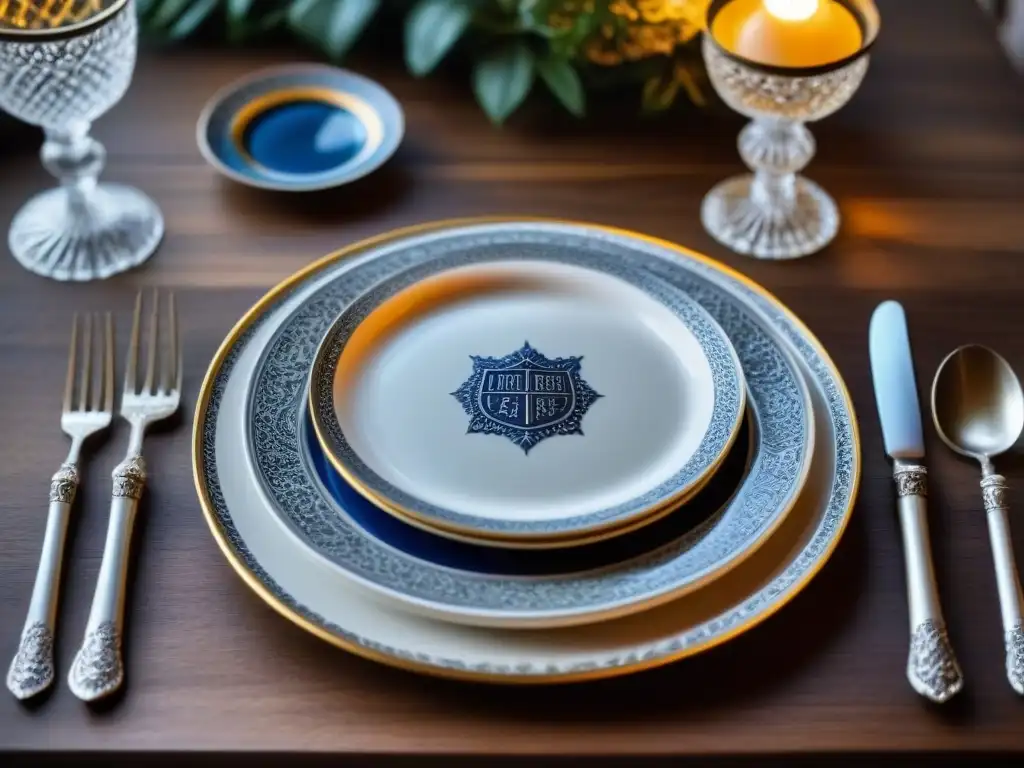 Exquisita vajilla con escudo de armas en elegante mesa de madera, detalle en oro