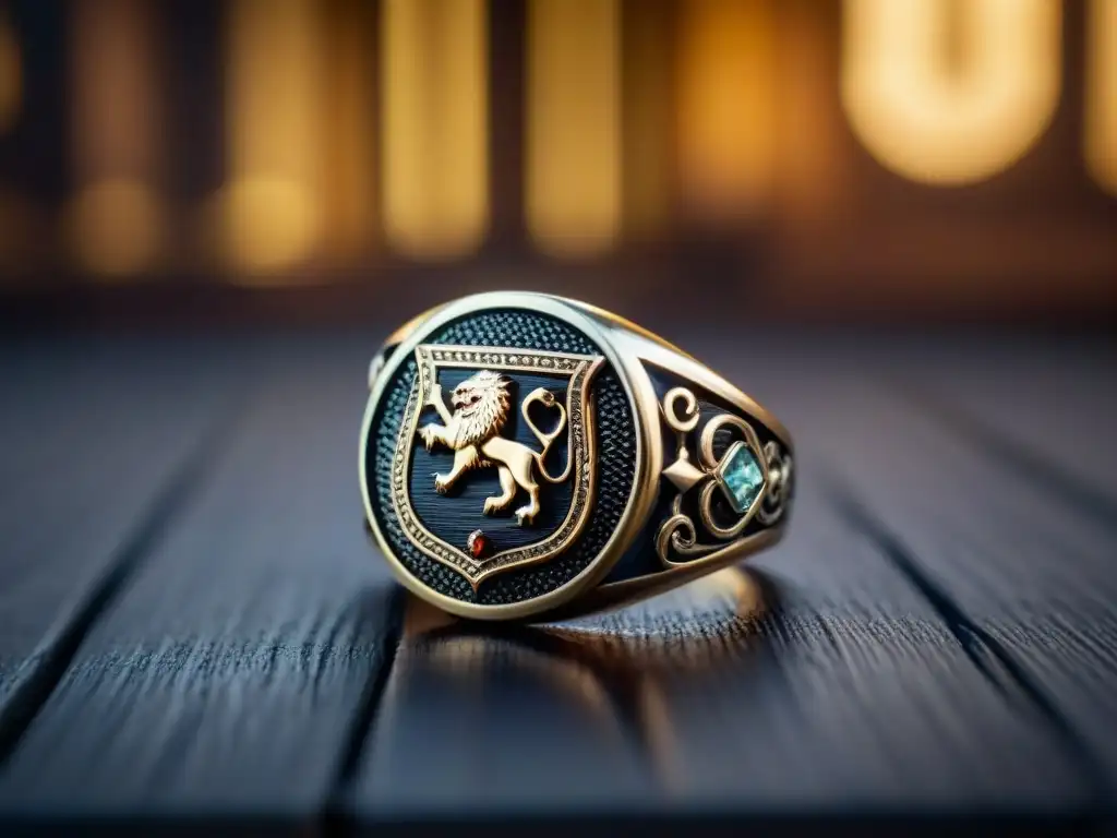 Exquisito anillo vintage de plata con escudo familiar en fondo de madera oscura, detalles y gemas, reflejo de historia