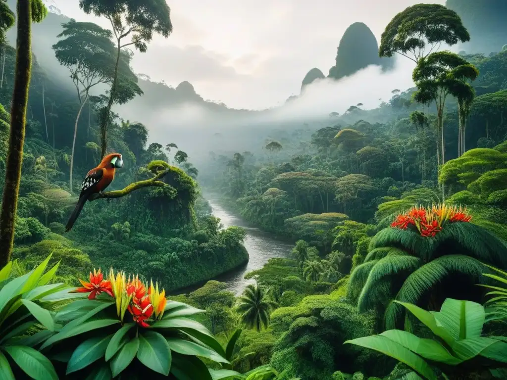 Un exuberante paisaje de la jungla indonesia, con flora y fauna exótica, mostrando la rica biodiversidad y belleza natural