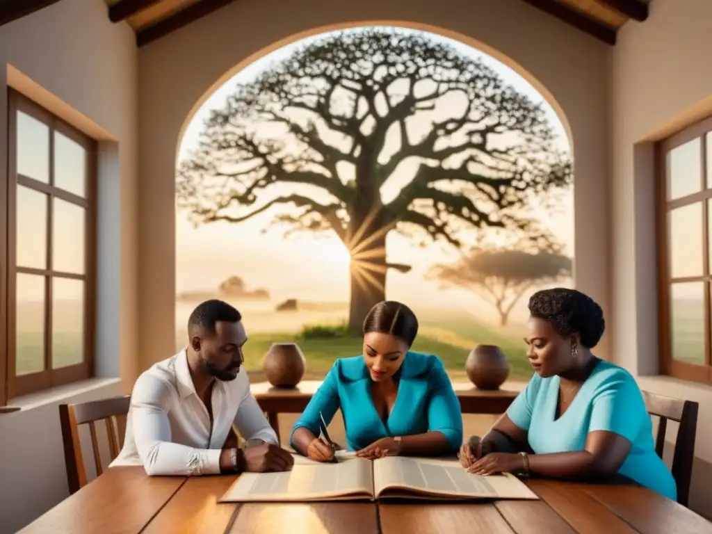 Una familia africana explorando su genealogía con fotos antiguas en una mesa de madera, iluminados por suave luz solar