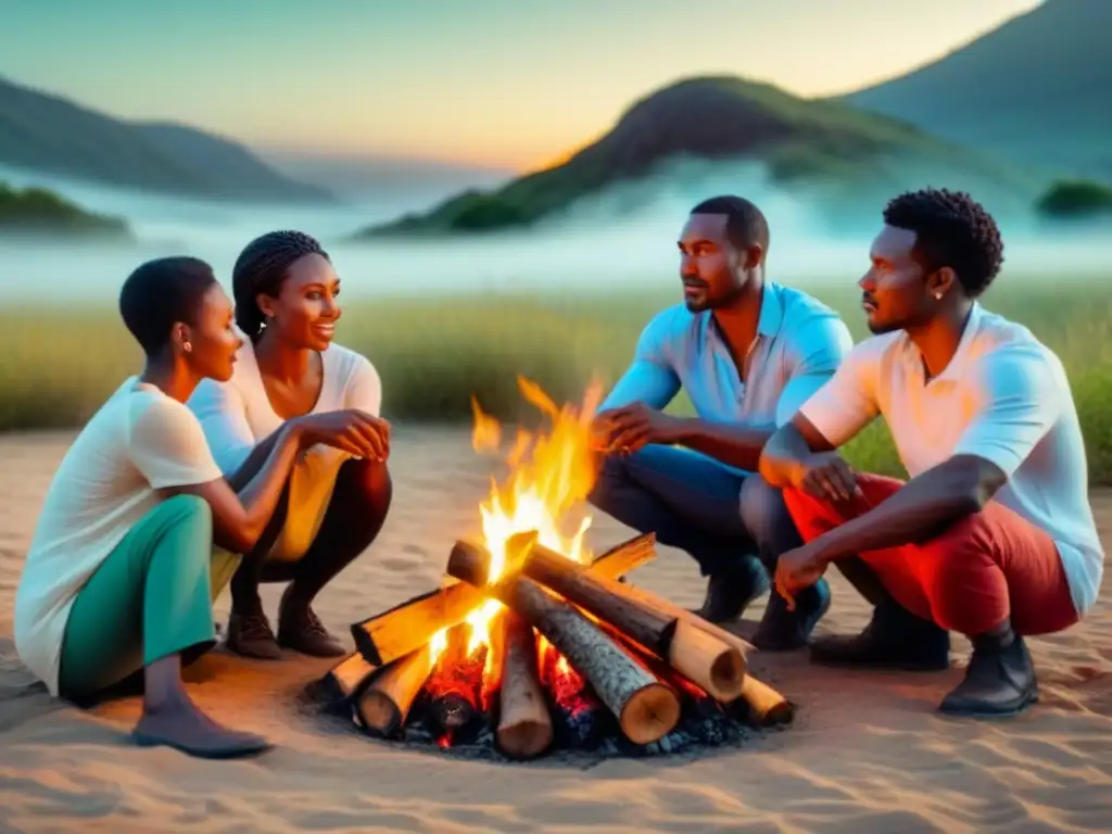 Familia africana reconstruyendo historias postconflicto alrededor de fogata al atardecer