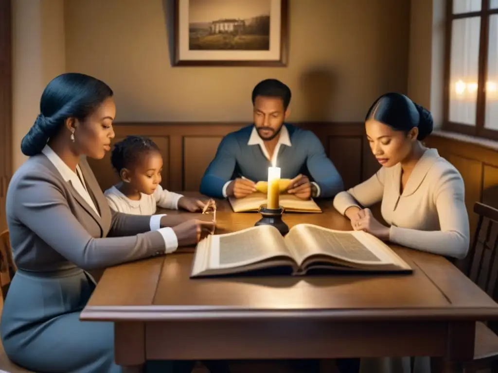 Una familia revisando álbumes y diarios antiguos en una sala cálidamente iluminada por una vela, resaltando la importancia de conservar registros históricos familiares