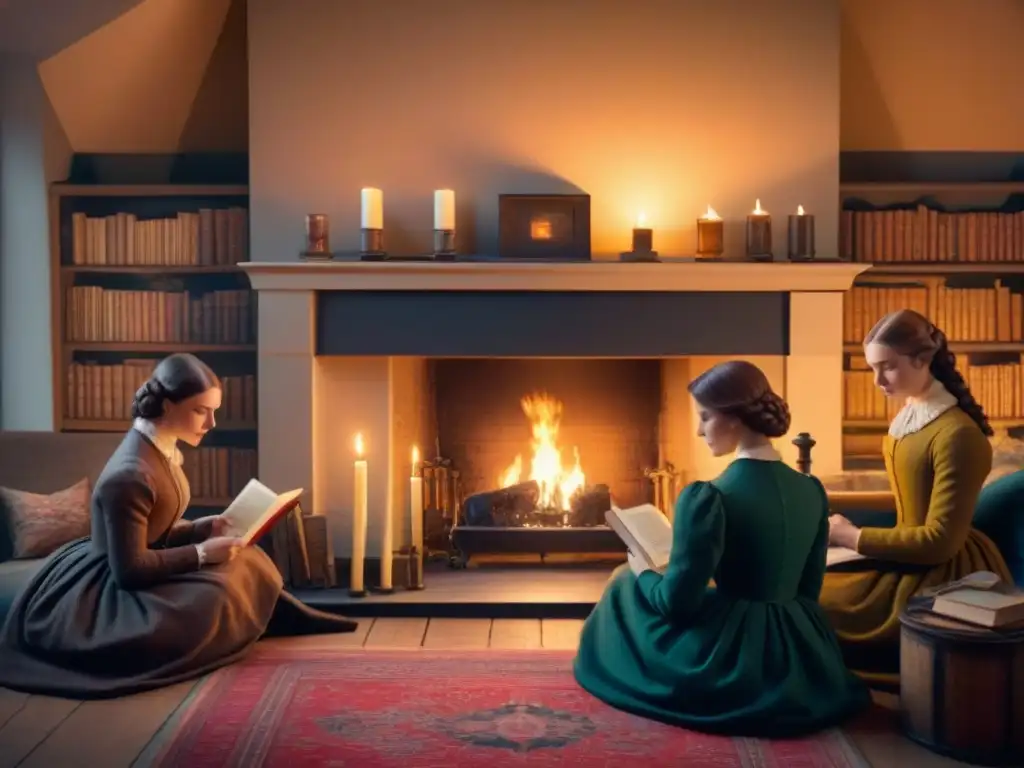 La familia Brontë reunida alrededor de la chimenea, escribiendo y pintando en un ambiente literario y acogedor