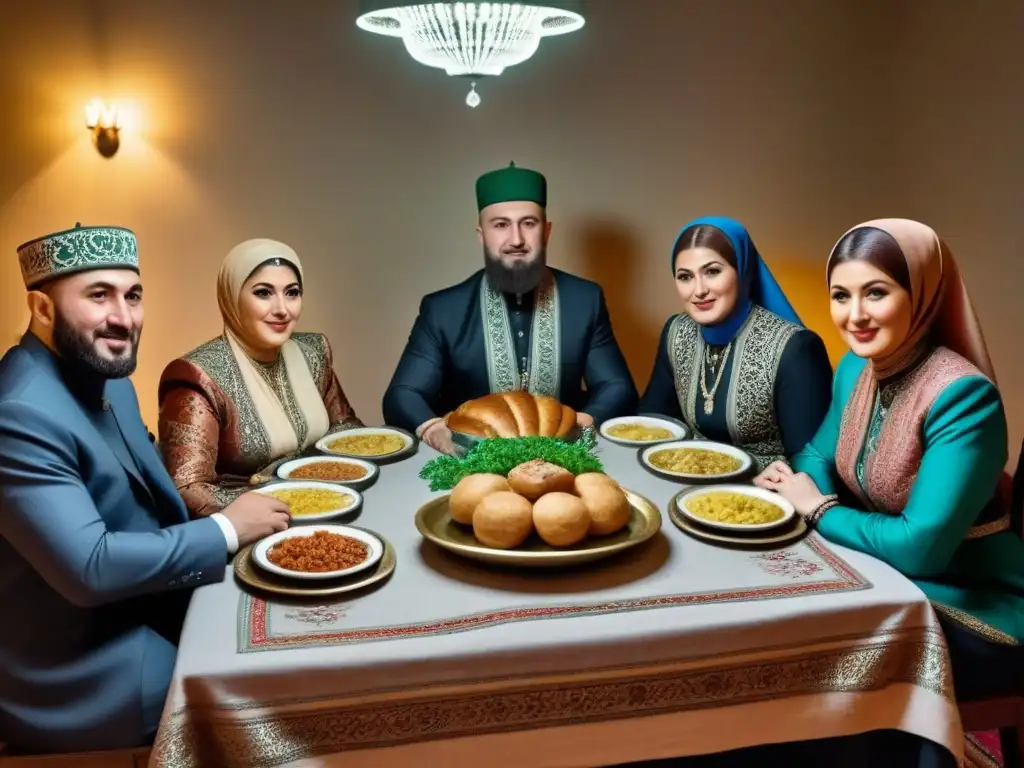 Una familia chechena comparte una comida tradicional en un ambiente cálido y acogedor, mostrando historia, apellidos chechenos y resistencia