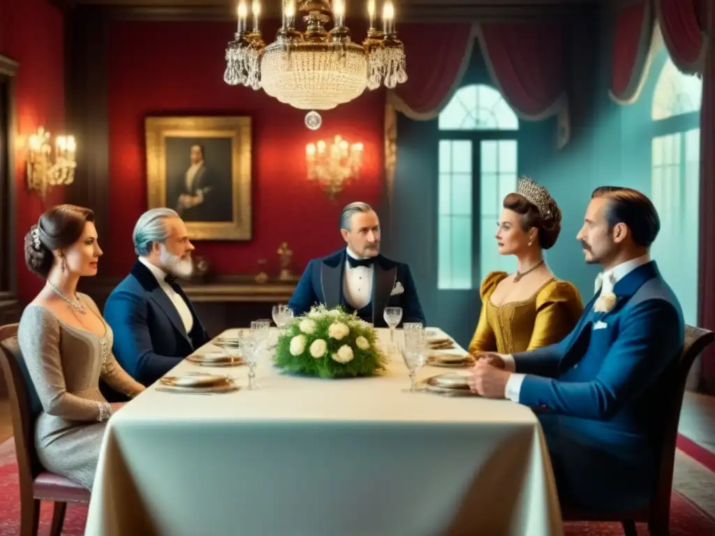 Una familia distinguida en una elegante cena de época