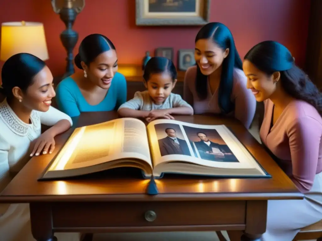 Una familia diversa revisa álbumes de fotos antiguas alrededor de una mesa de madera