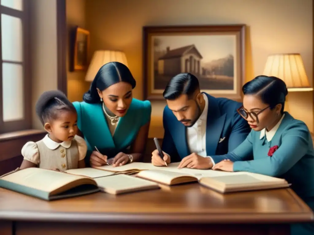 Una familia diversa revisa fotos antiguas y documentos, con herramientas para crear cronología familiar, en un ambiente acogedor y nostálgico