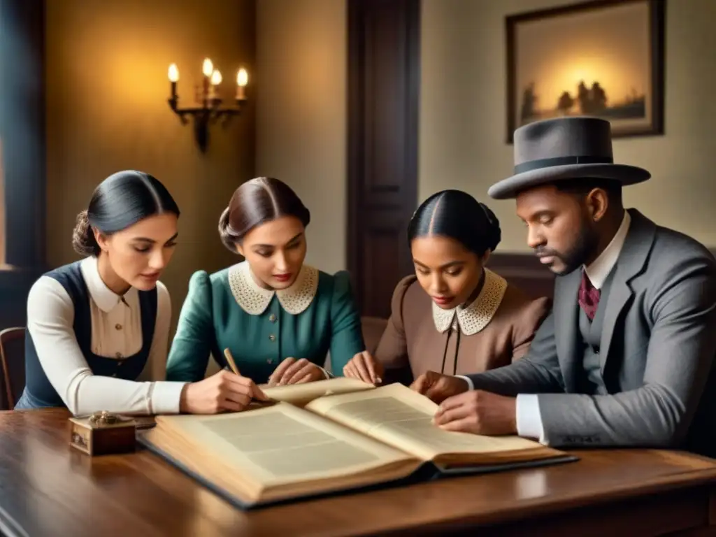 Familia revisando documentos antiguos en una mesa de madera, con velas iluminando