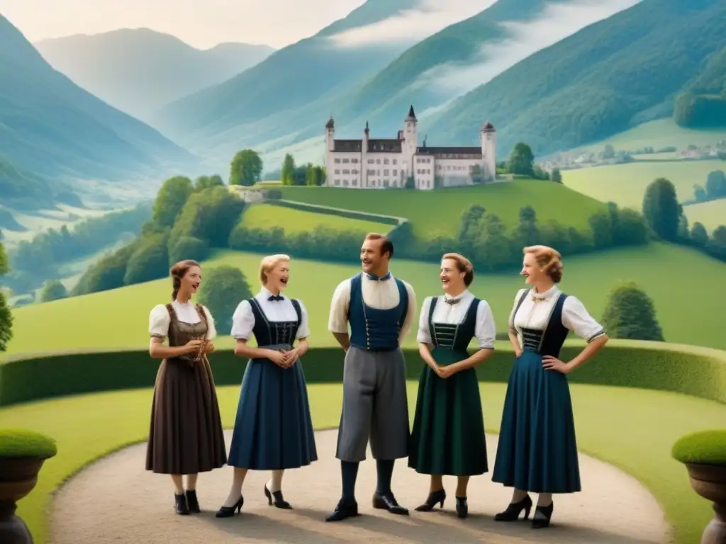 La familia Von Trapp interpretando en un escenario con trajes tradicionales austriacos, rodeados de verdes colinas y una mansión europea