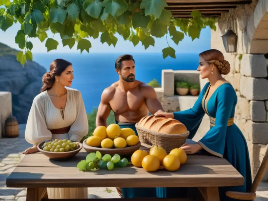 Una familia griega ancestral disfruta de una comida en un patio soleado, mientras conversan animadamente; historia del apellido Samaras