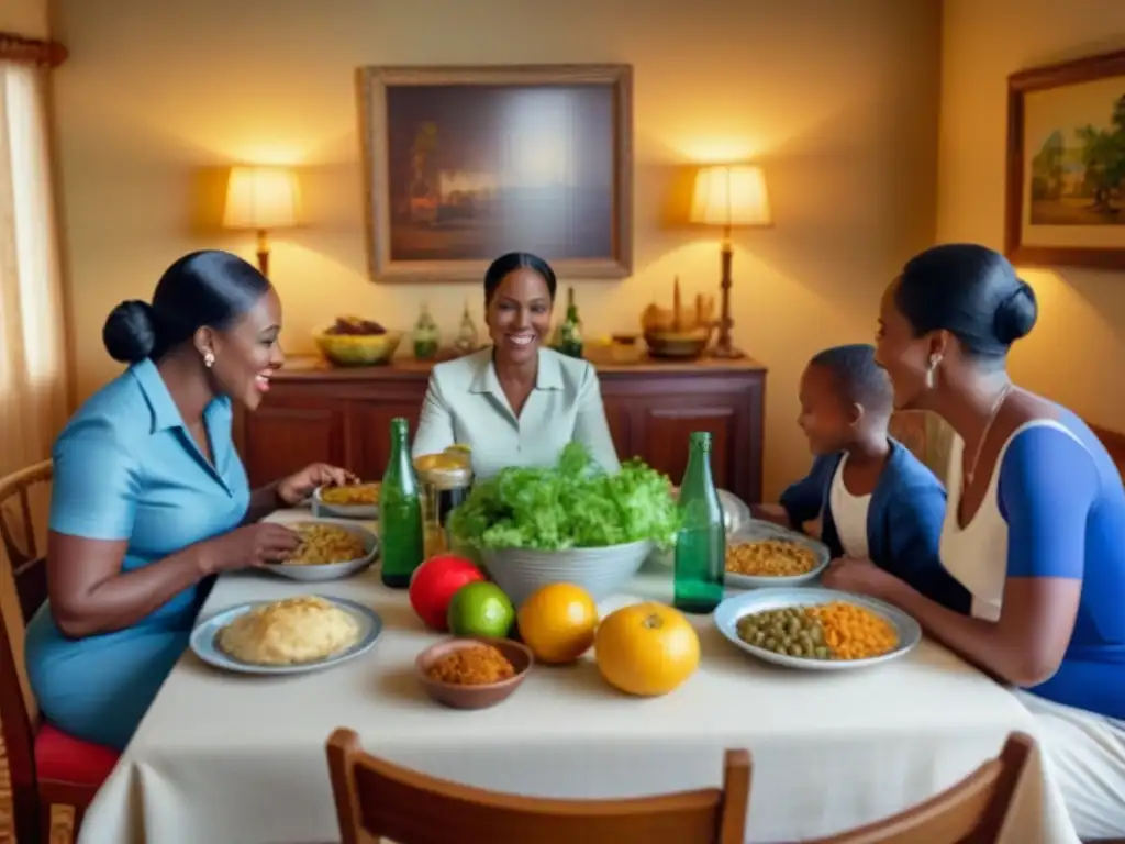 Una familia haitiana compartiendo comida en un ambiente acogedor y lleno de tradición