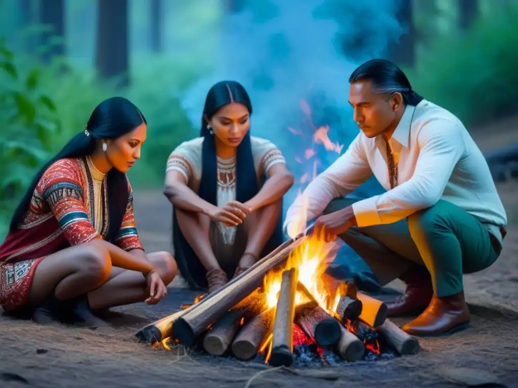 Una familia indígena americana comparte historias alrededor del fuego en un bosque, mostrando su legado cultural