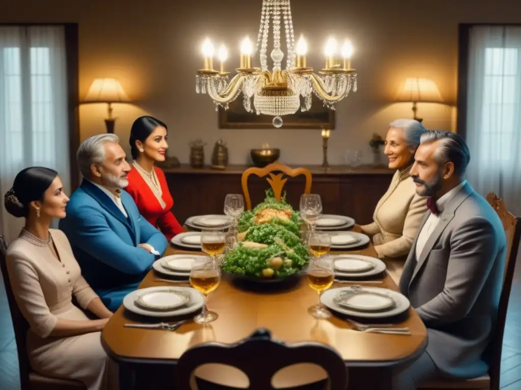 Una familia italiana tradicional comparte una comida en un acogedor comedor vintage