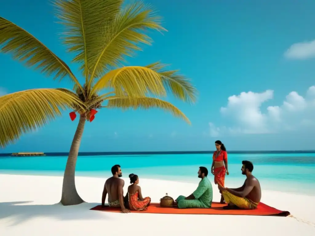 Una familia maldiviana se reúne bajo una palmera en la playa, vistiendo atuendos tradicionales