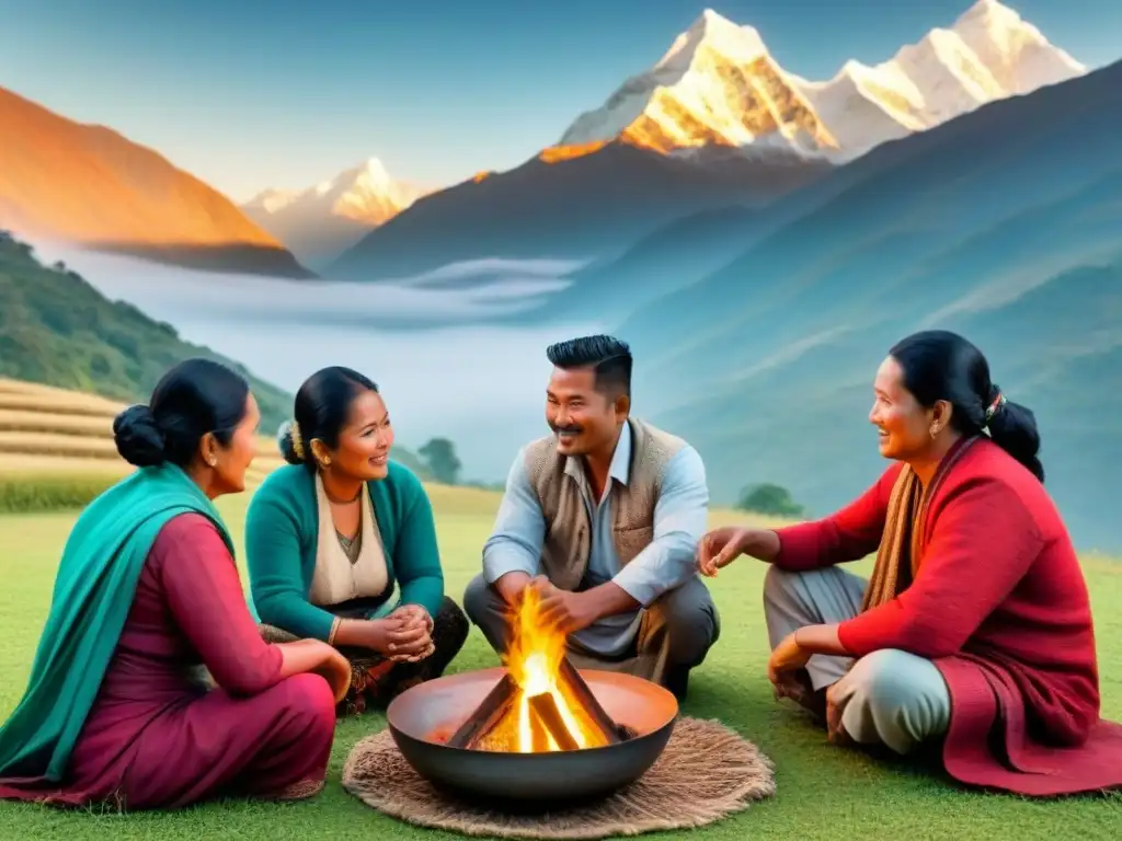 Una familia nepalí tradicional comparte historias alrededor del fuego, con los Himalayas de fondo