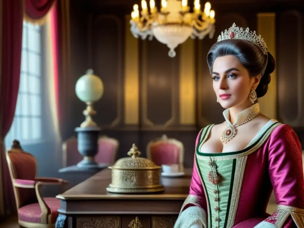 Retrato vintage de una noble familia aristocrática en un escenario opulento Una familia noble de la aristocracia posa con elegancia en una lujosa sala del siglo XVIII, representando la Historia de apellidos con G aristocracia