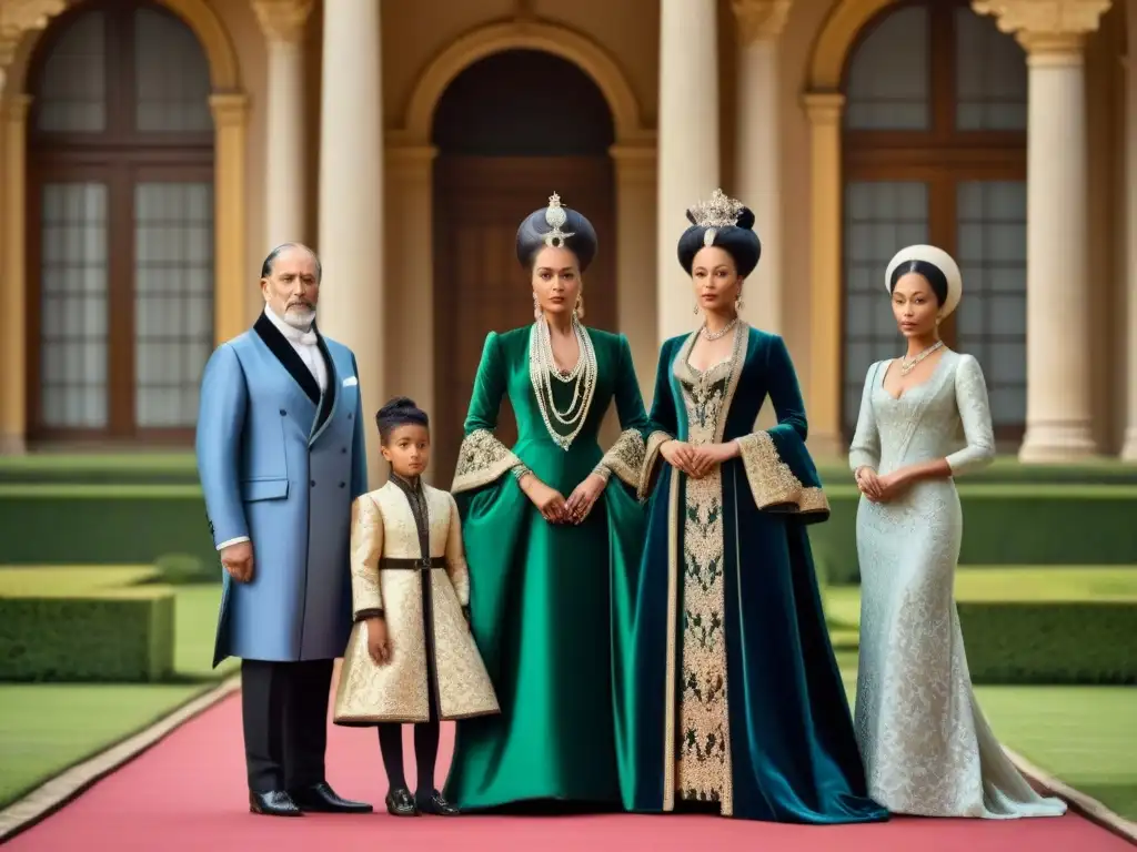 Una familia noble posa frente a su majestuosa mansión ancestral, luciendo atuendos regios