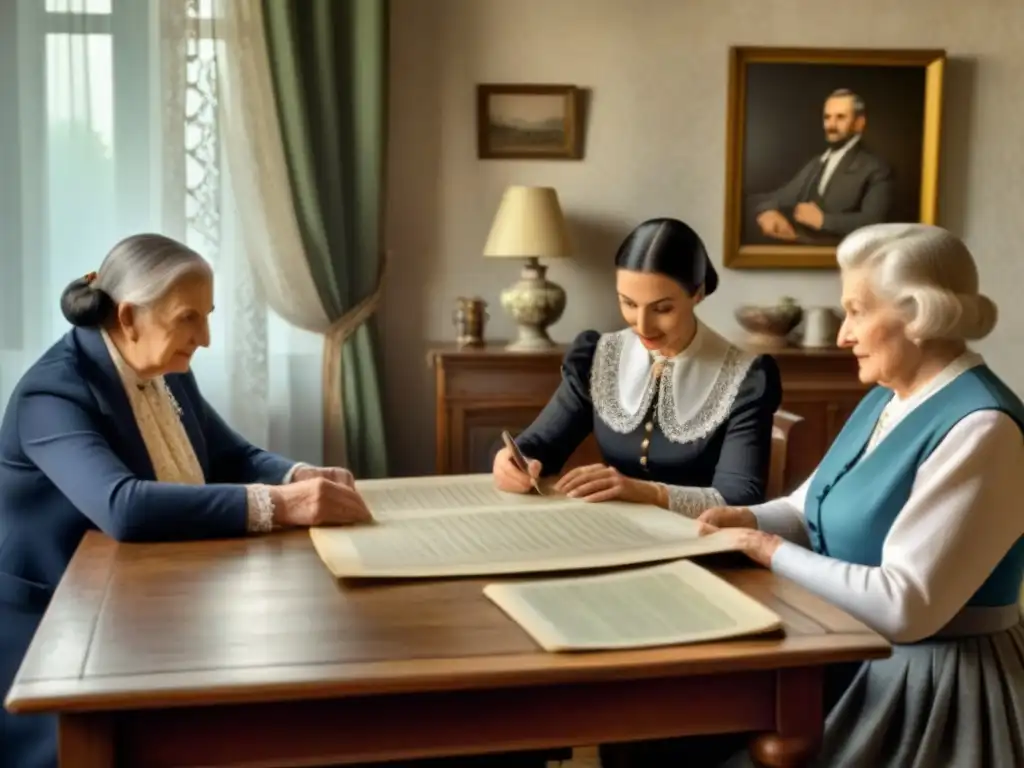 Una familia polaca reunida alrededor de una mesa de madera, compartiendo historias y documentos antiguos