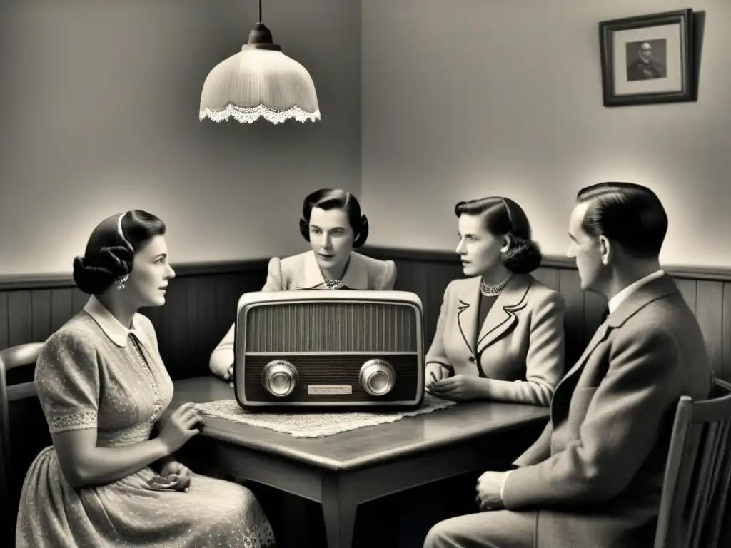 Una familia escucha relatos orales alrededor de la radio, preservando historias familiares en blanco y negro