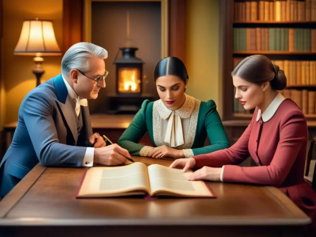 Una familia examina con reverencia fotos antiguas en una mesa de madera iluminada por una lámpara clásica, preservación del legado familiar histórico