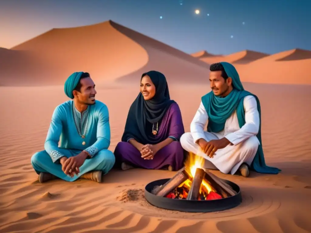 Una familia saharaui tradicional reunida alrededor de una fogata en el desierto, compartiendo historias bajo el cielo estrellado