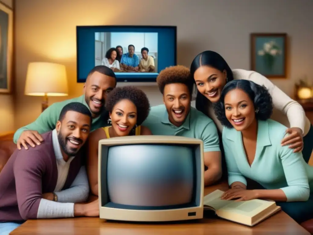 Familia sorprendida y feliz viendo álbum digital en computadora vintage