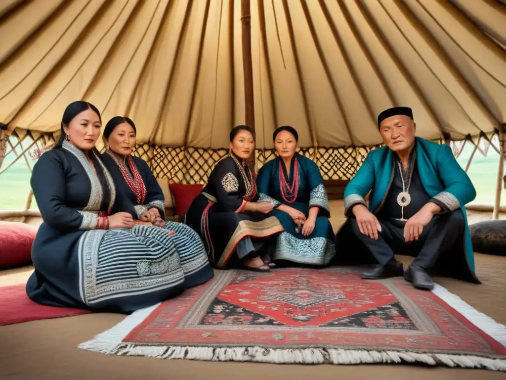 Una familia kirguisa en traje tradicional frente a su yurta, transmitiendo la historia de apellidos en Kirguistán